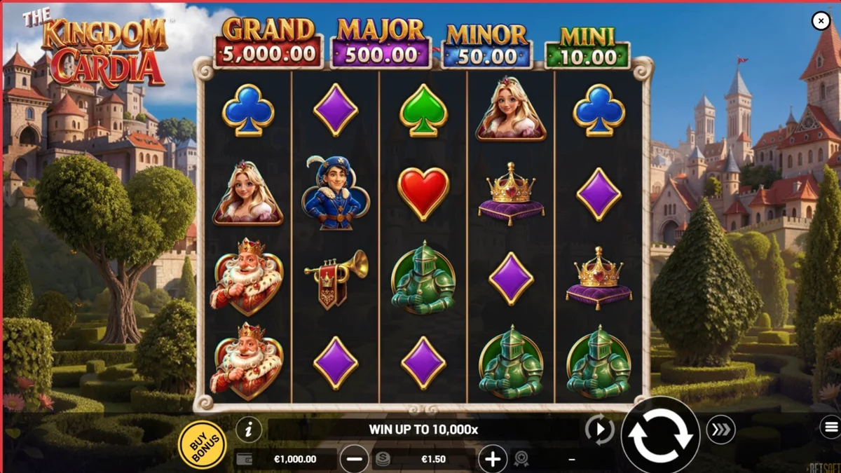 Giao diện trò chơi The Kingdom of Cardia với các biểu tượng quân bài và lâu đài cổ tích