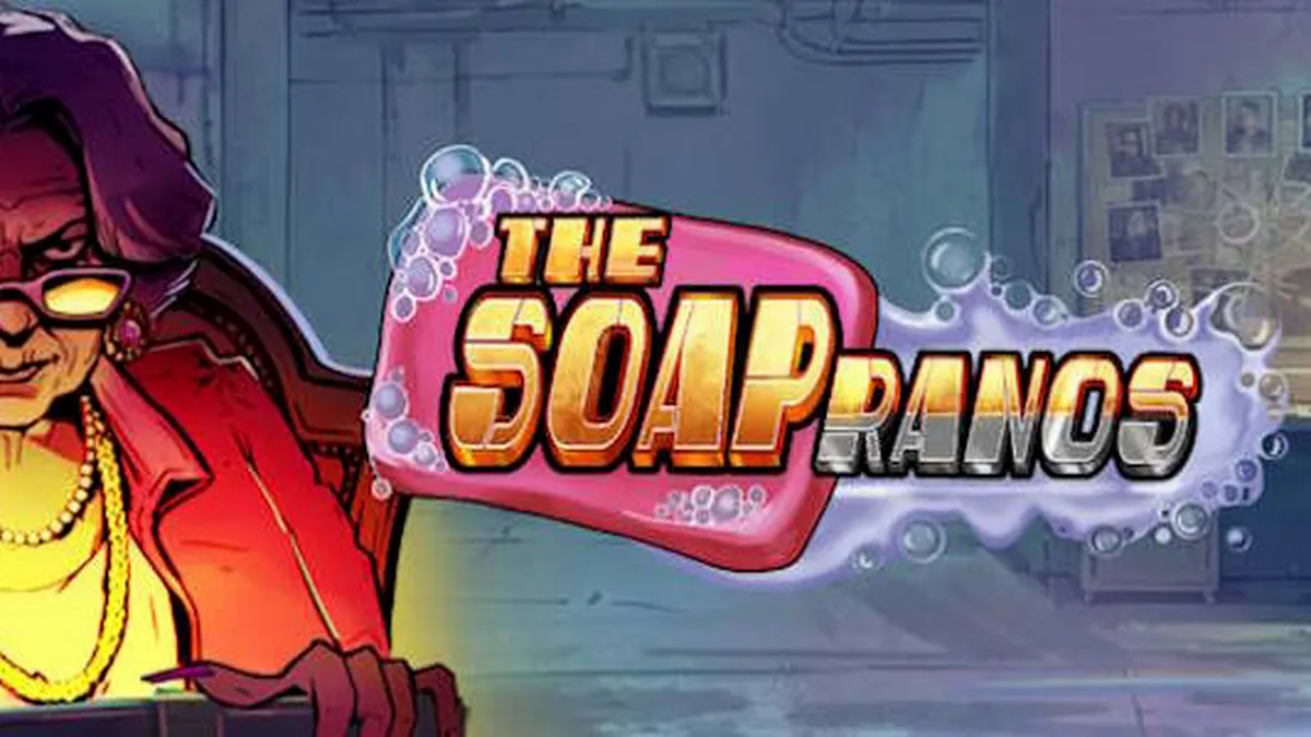 Giao diện trò chơi slot Soapranos với phong cách neon rực rỡ và lưới 5x3 đầy kịch tính